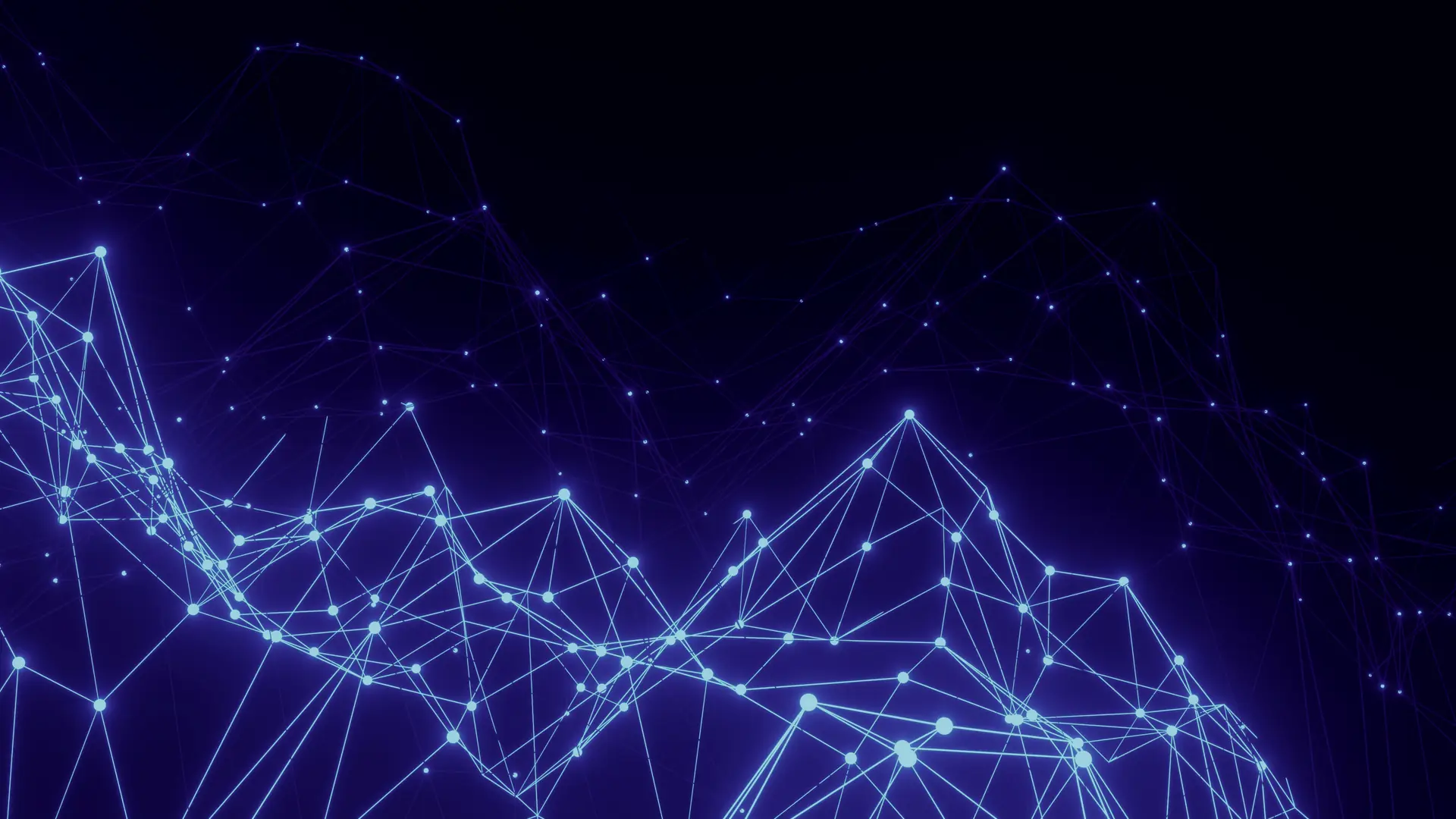 A glowing blue network of connected points forming a landscape on a dark background
